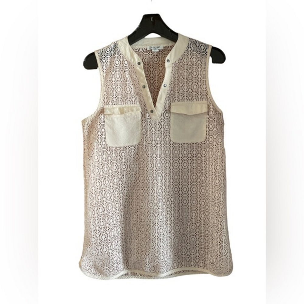 Simply Noelle Sleeveless Crochet Woven Tunic Blouse Top Small Medium8-10 Beige